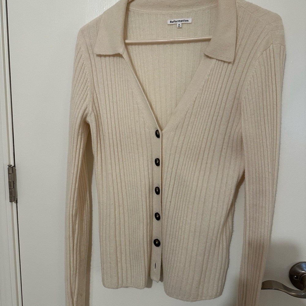 Reformation Cream Ribbed Button-Up Cardigan - Picture 1 of 4